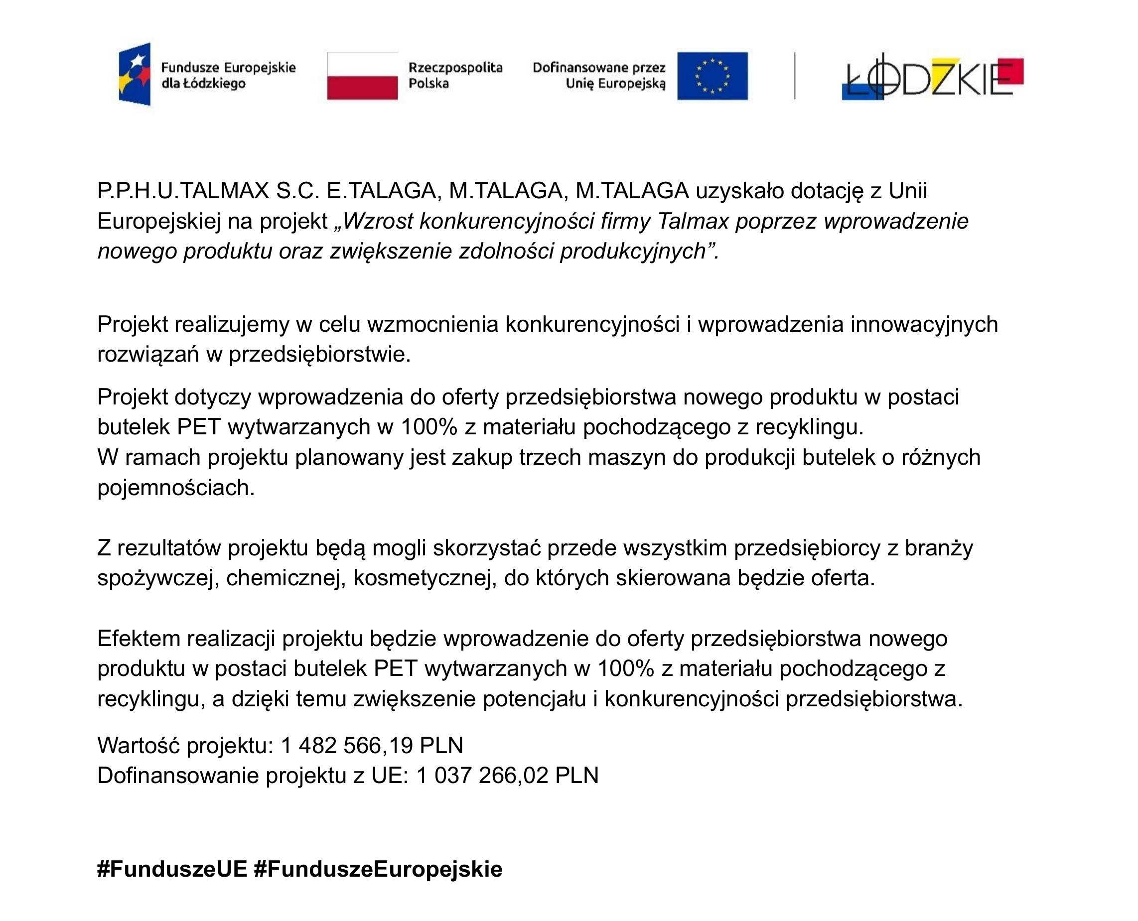 Informacje o projekcie dofinansowanym z Unii Europejskiej – P.P.H.U. Talmax